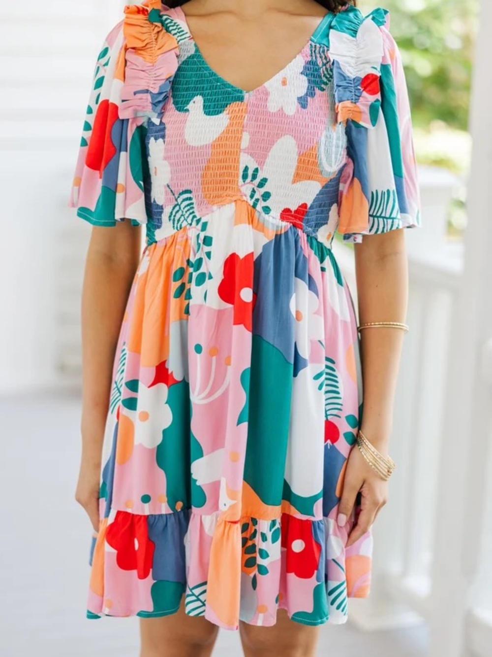 JODIFL Multicolor Floral Ruffle-Sleeve V-Neck Mini Dress
